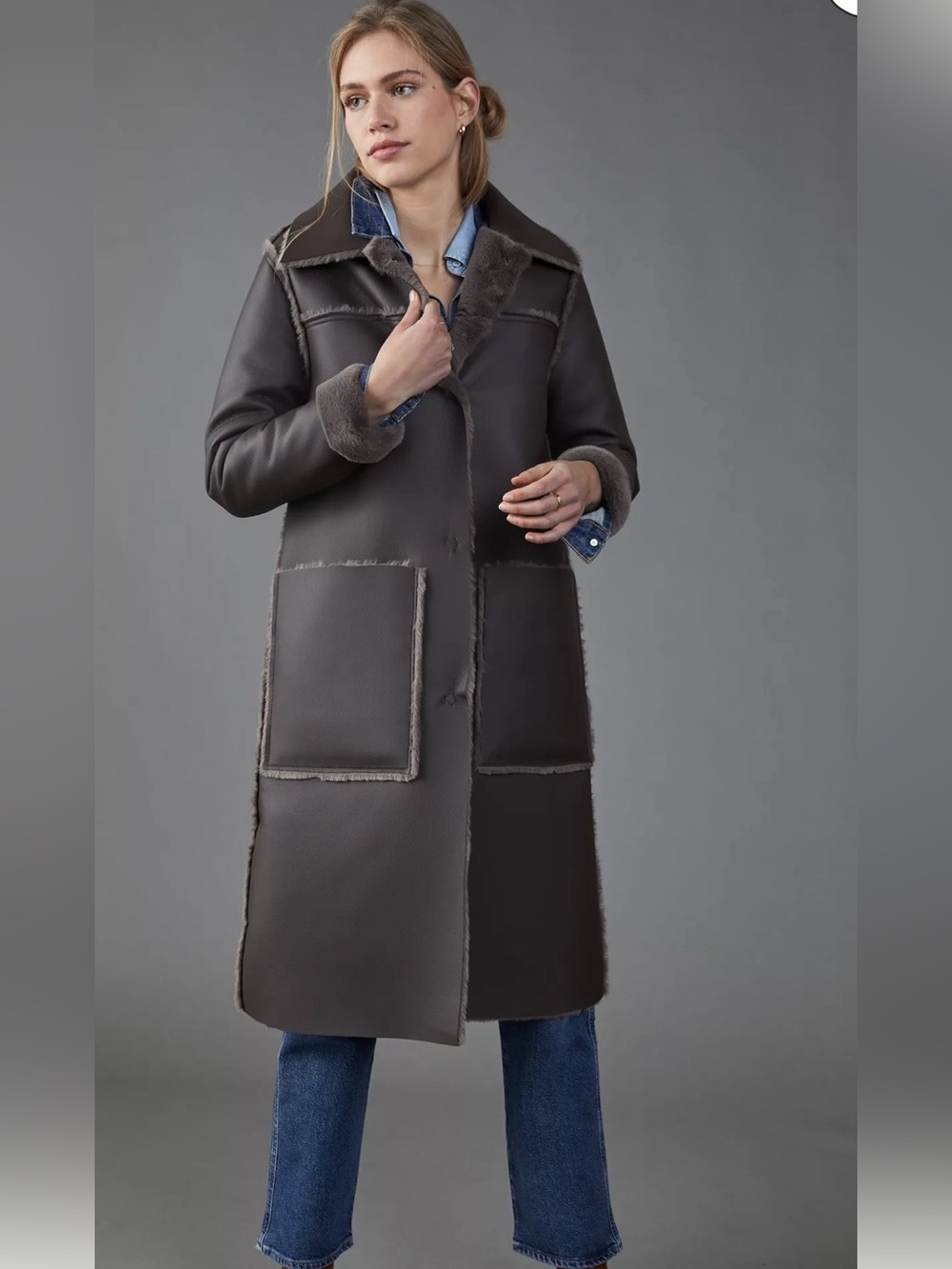 NWOT Anthropologie MAEVE Kerry Reversible Faux Fur/Shearling Long Coat. SZ S.